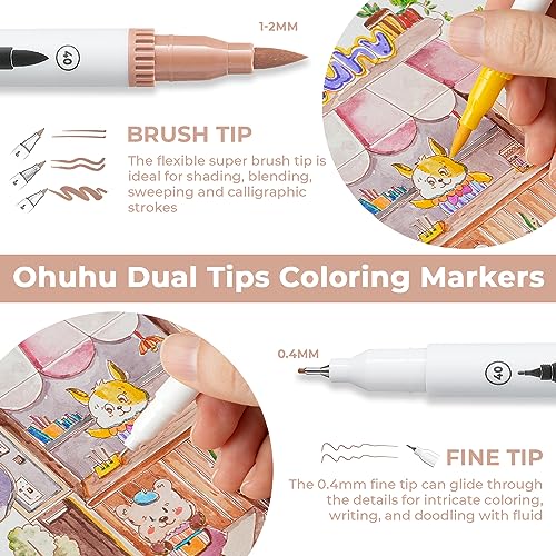 60 Ohuhu Markers for Coloring Books - No bleeding - Dual Tips Fineliner & Brush Drawing Pens - Maui