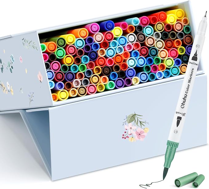 120 Ohuhu Markers for Coloring Books - No bleeding - Dual Tips Fineliner & Brush Drawing Pens - Maui